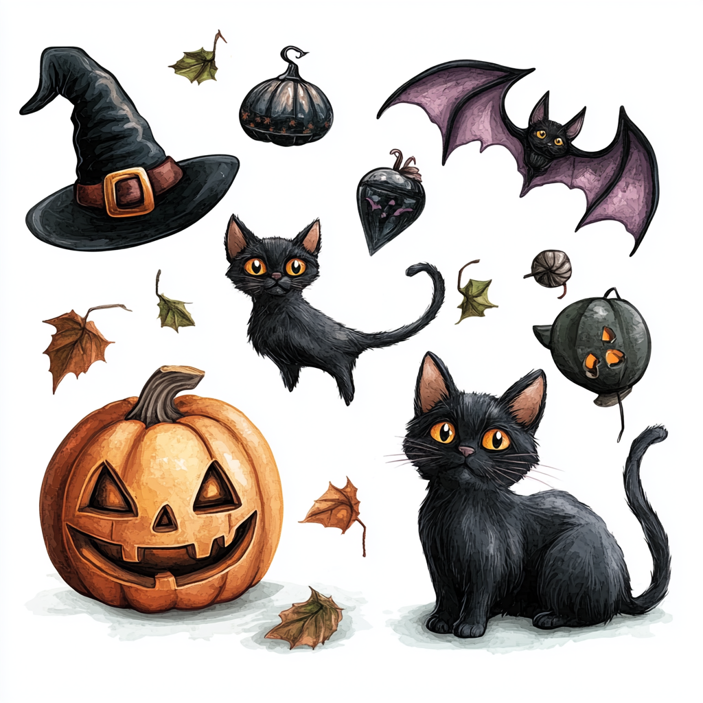 Spooky Halloween Objects with Cute Black Cat