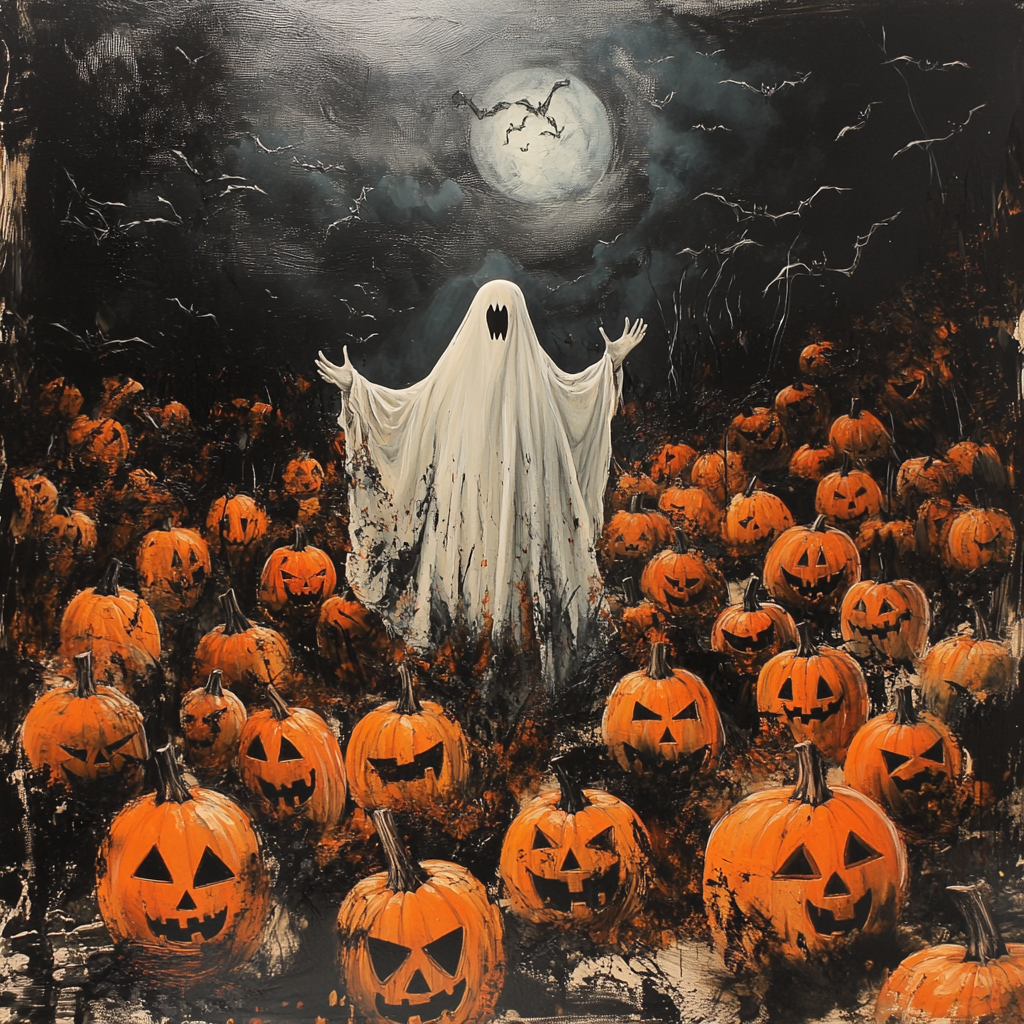 Spooky Halloween night with jack-o'-lanterns and ghost