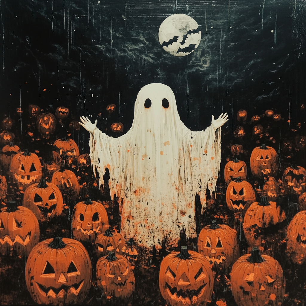 Spooky Jack-o'-lanterns and Ghost at Night