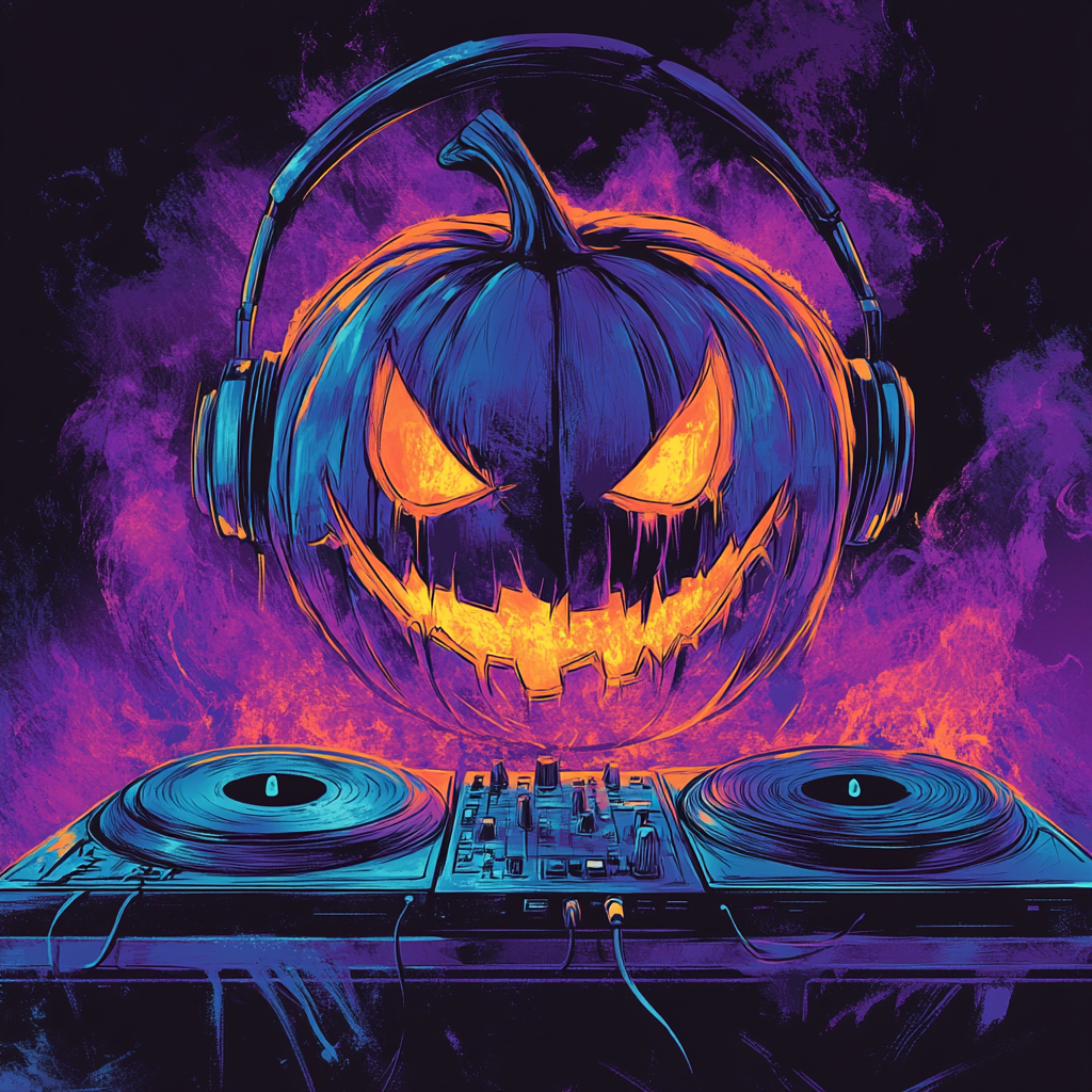 Spooky Jack-o-lantern DJ spins records at night