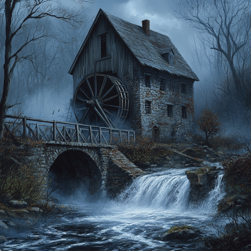 Spooky Misty Old Mill with Covered Bridge Fantasy Art