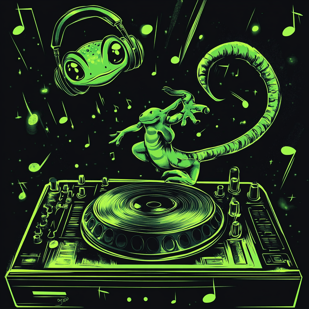 Spooky Neon DJ Poster with Cartoon Lizard Ghost