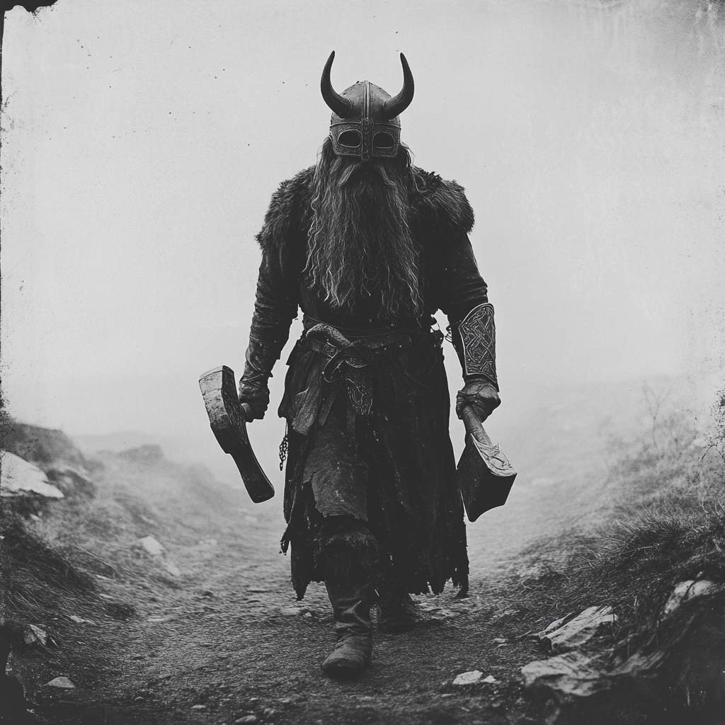 Spooky Norse Viking Warrior with Warhammer and Horned Helmet