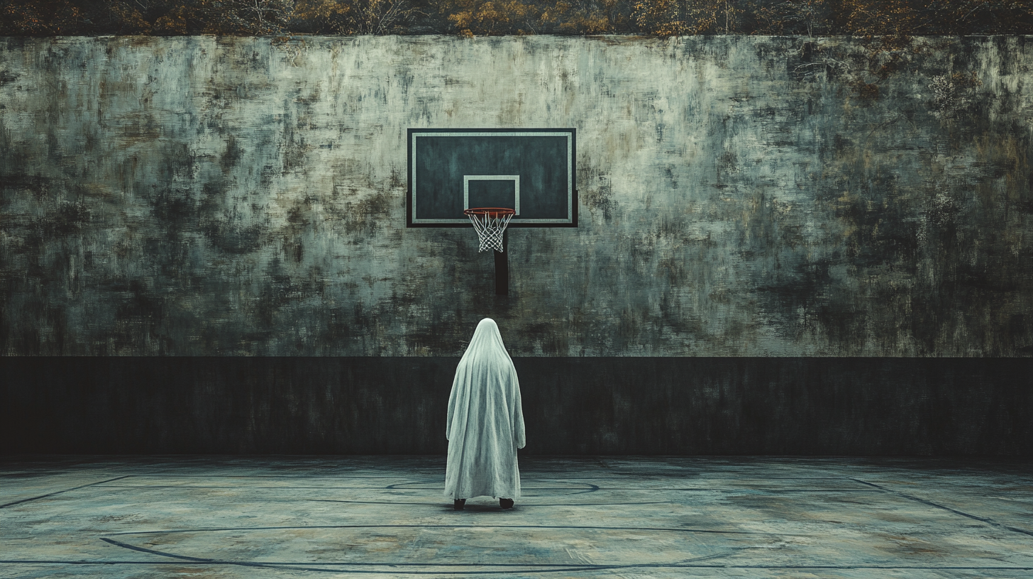 Spooky Textured Painting Style Basketball Court Ghost