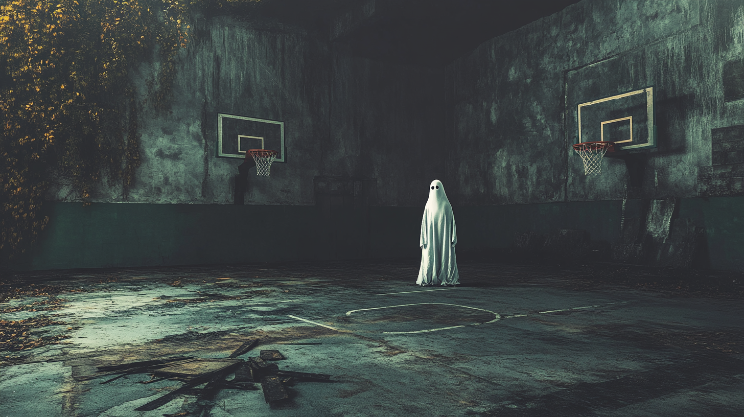 Spooky Textured Painting Style: Basketball Court with Ghost