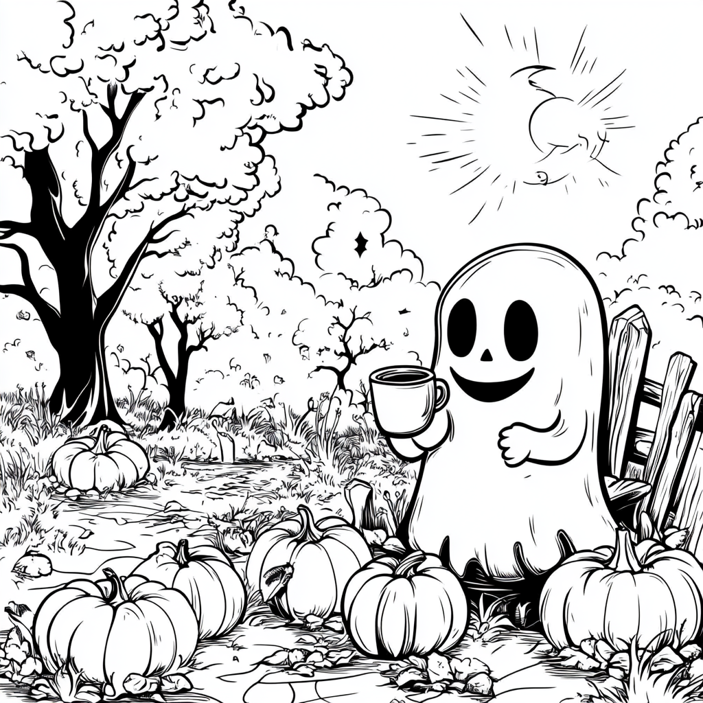 Spooky cute ghost sipping coffee in pumpkin-filled park.