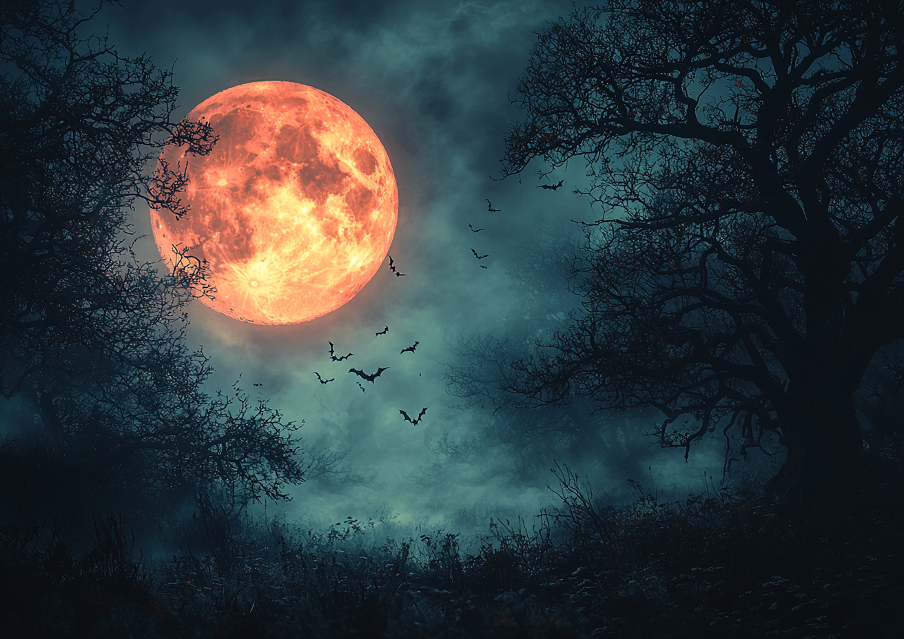 Spooky moonlight scene with flying bats on Halloween night.