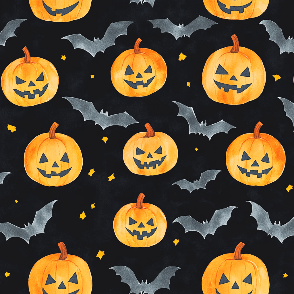 Spooky pumpkins and bats in cute repeating design.