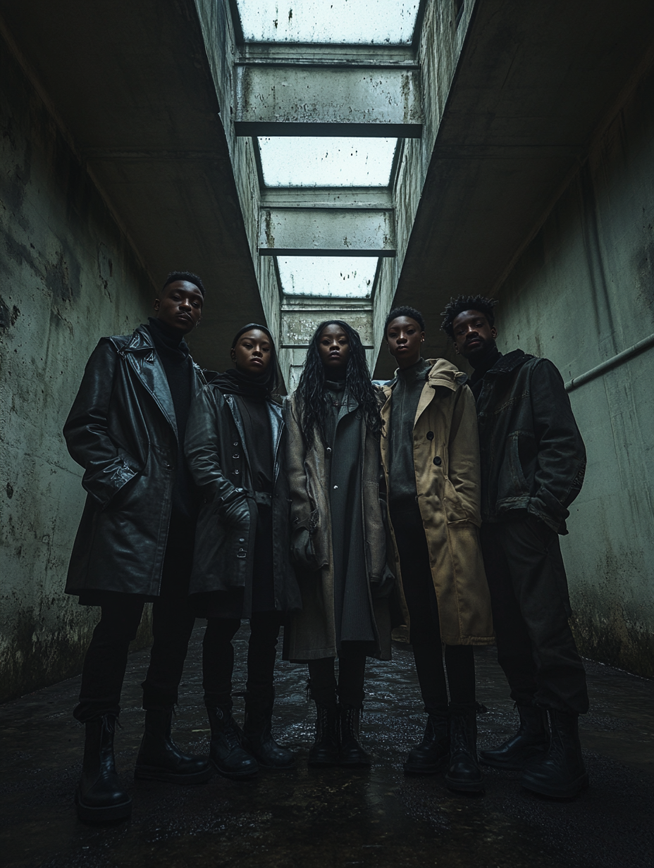 Spooky row of diverse people in dark barracks