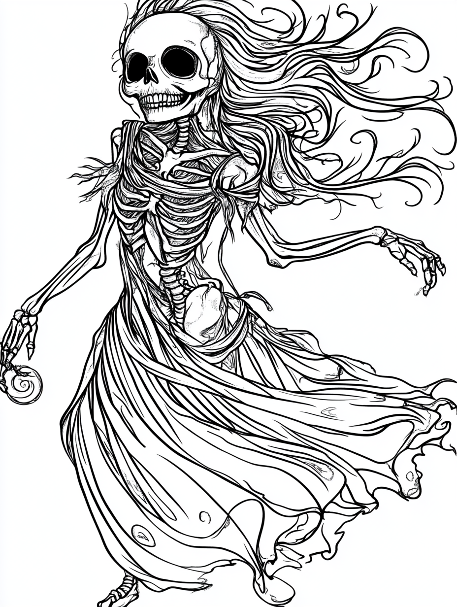 Spooky skeleton in tattered dress looks at wedding ring.