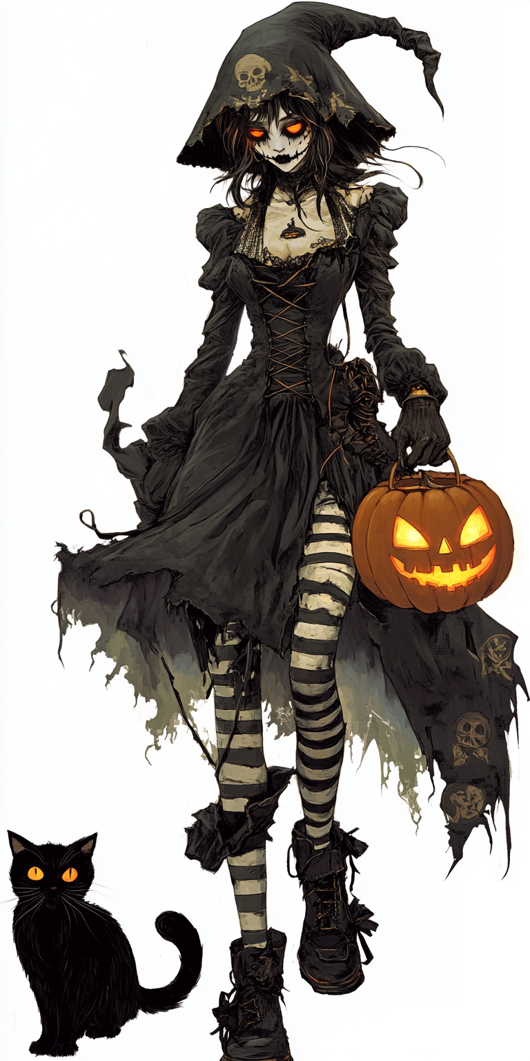 Spooky witch with skull face, black cat, jack-o'-lantern.