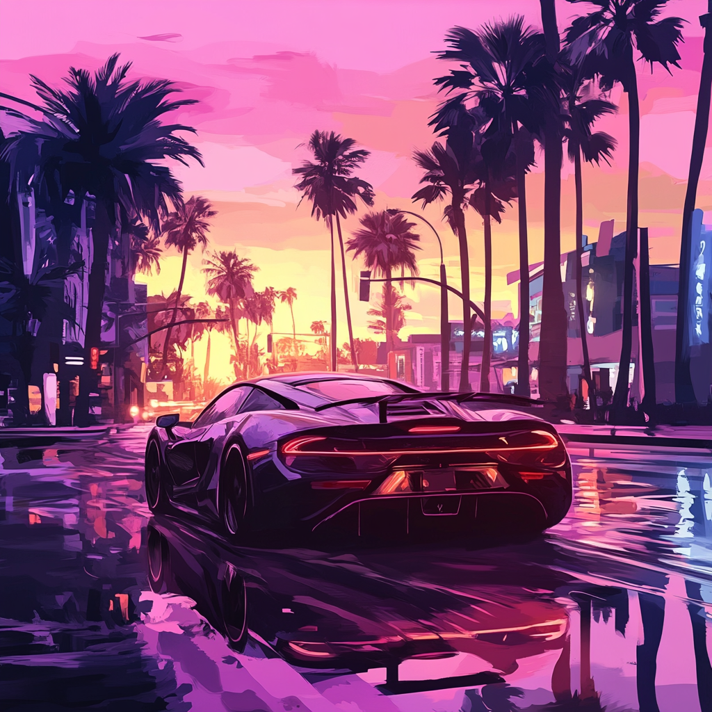 Sports car drives through vibrant city, reflecting neon lights.