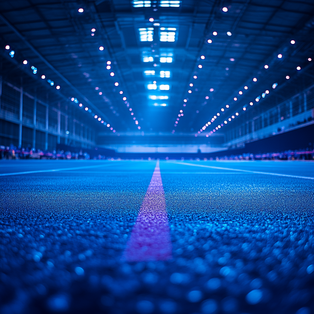 Sports event hall with tech theme and sports ornaments.