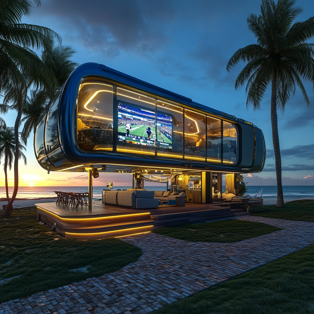 Sports themed camper pod with Rams colors and big TV.