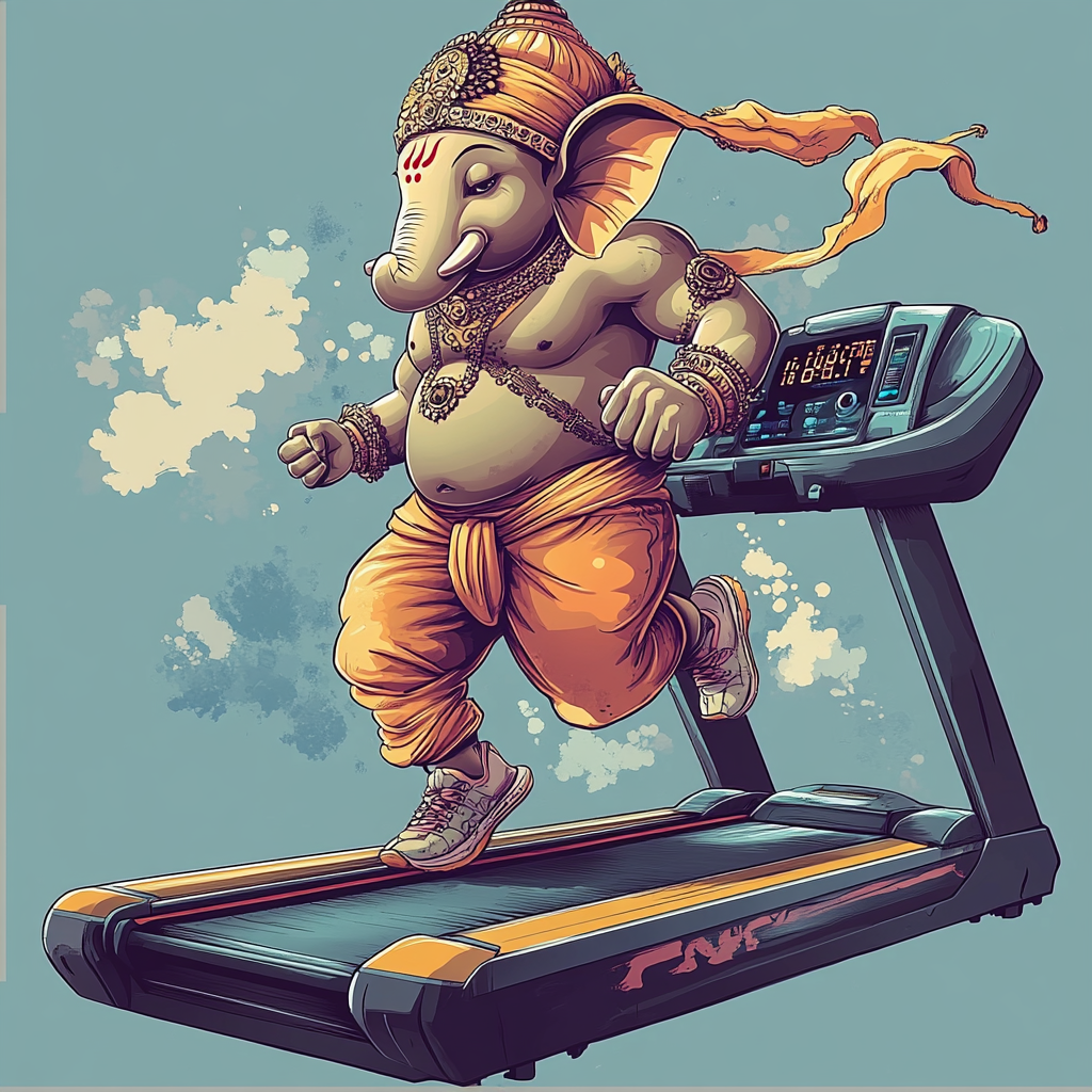 Sporty Lord Ganesh sweating on treadmill in sportswear.