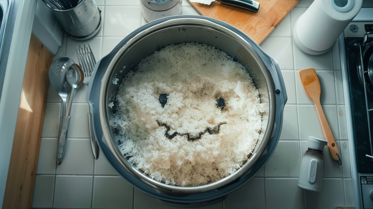 Spotless Kitchen with Demon-faced Burnt Rice in Cooker