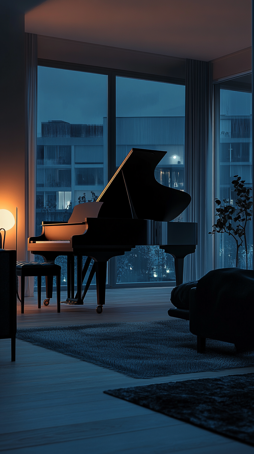 Spotlight shining on grand piano in dark room