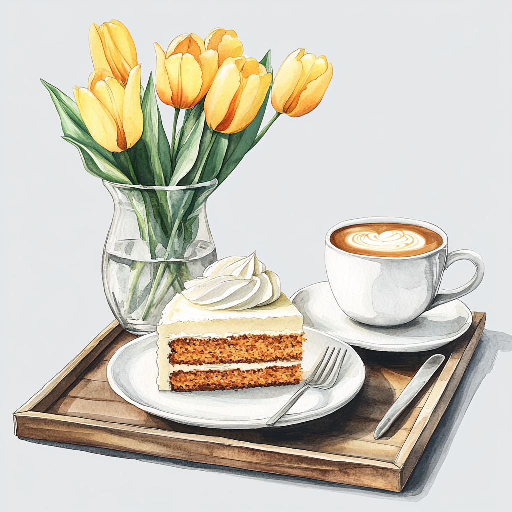 Spring-themed watercolor cake and coffee clipart.