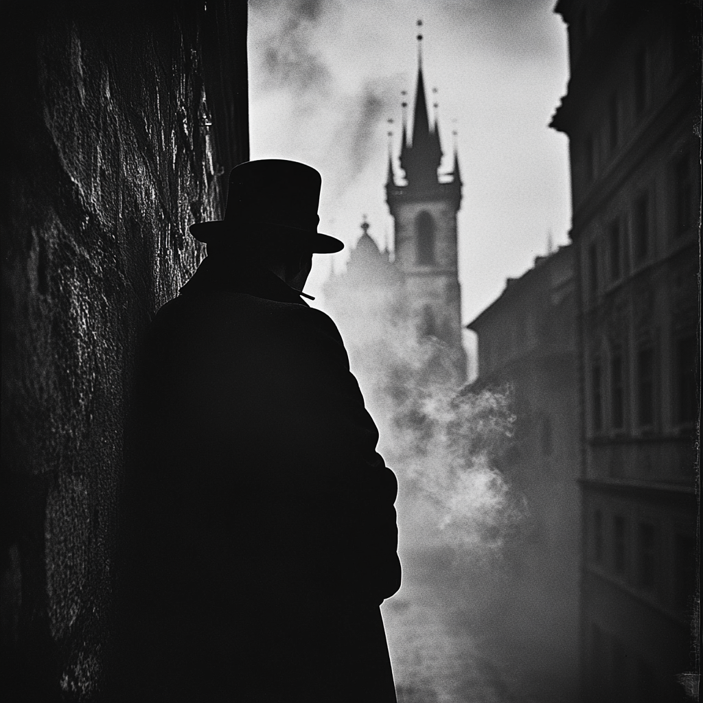 Spy in a hat leaning against wall smokes cigarette.