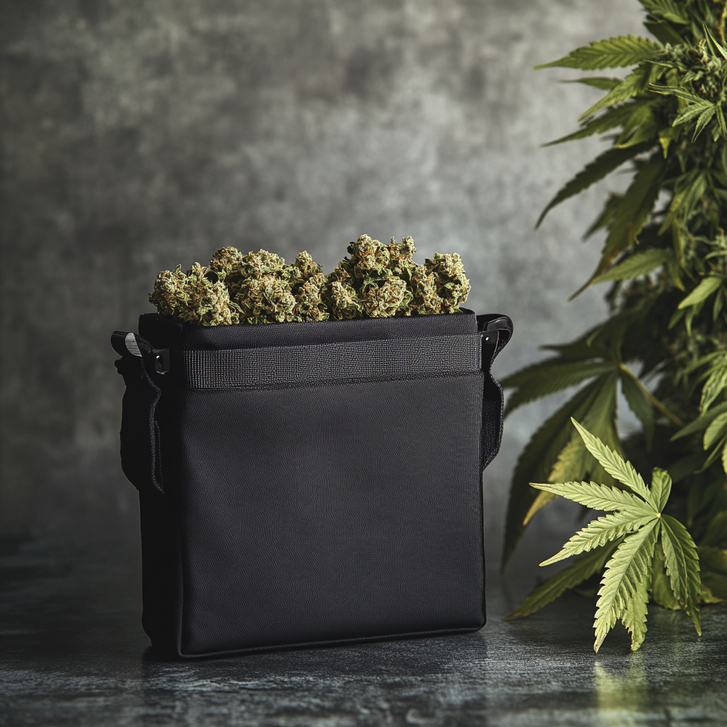 Square Black Device for Tote with Cannabis Flowers 