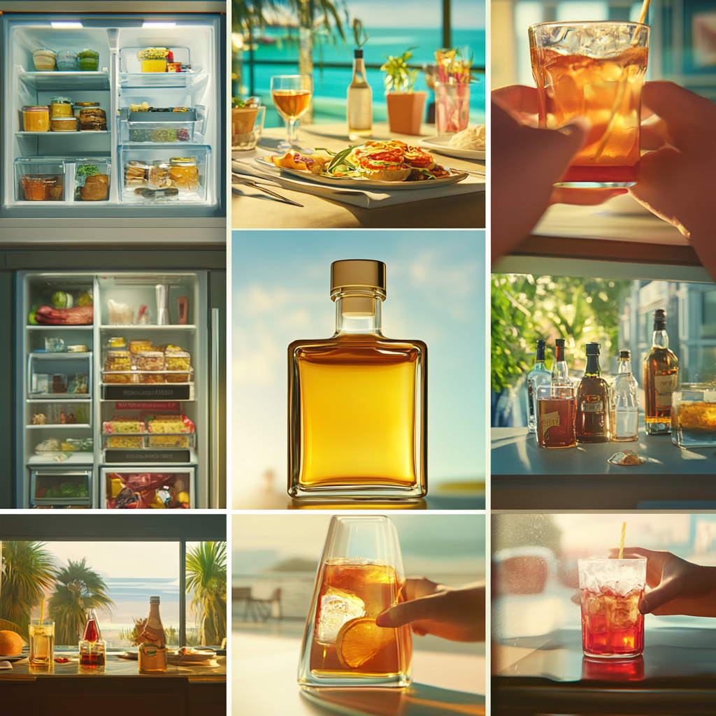 Square bottle in various scenes with realistic lighting & detail.