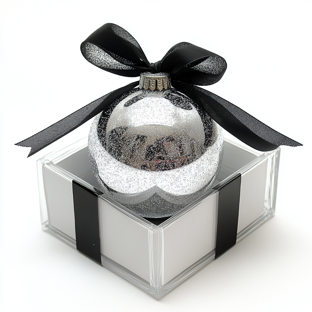 Square gift box with silver & black ribbon, glitter sphere.