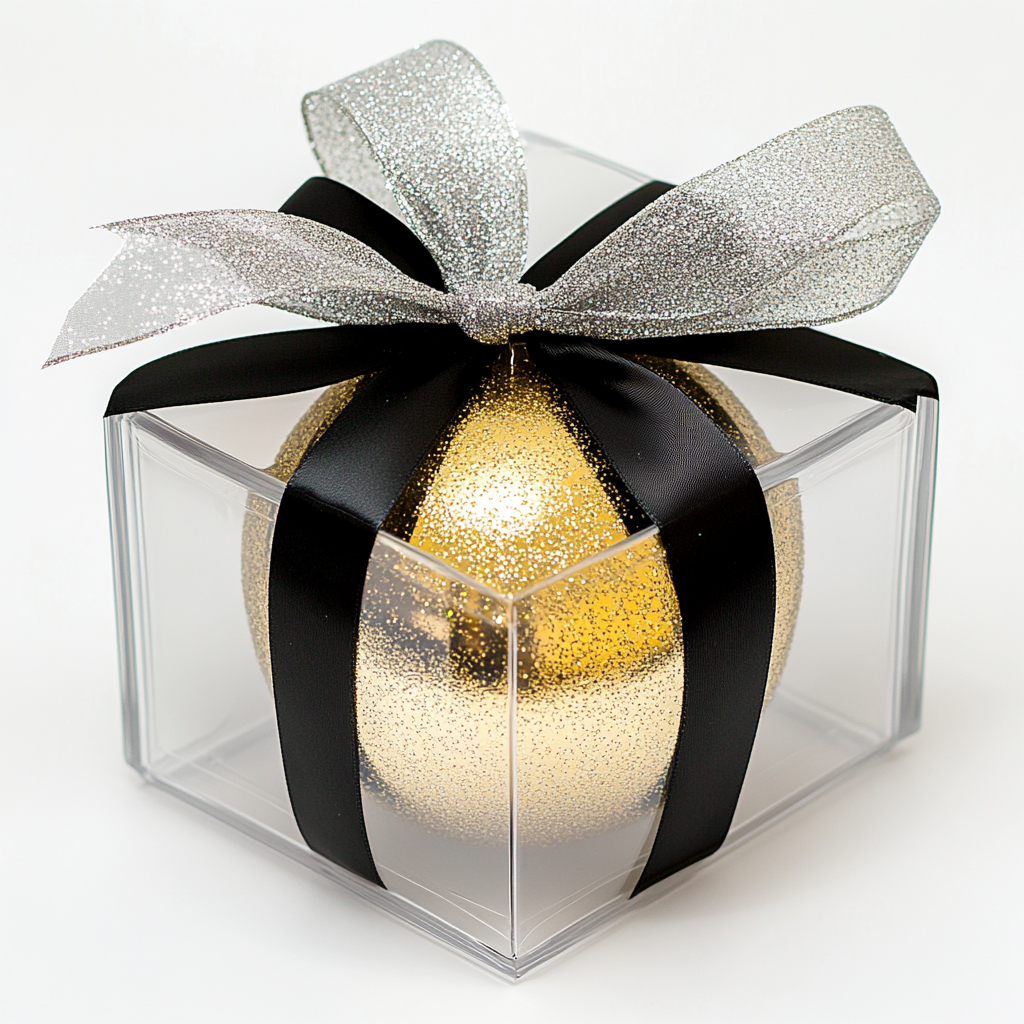 Square gift box with silver & black ribbon, gold glass sphere.