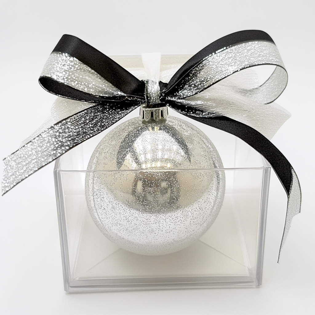 Square gift box with silver & black ribbon, white sphere.