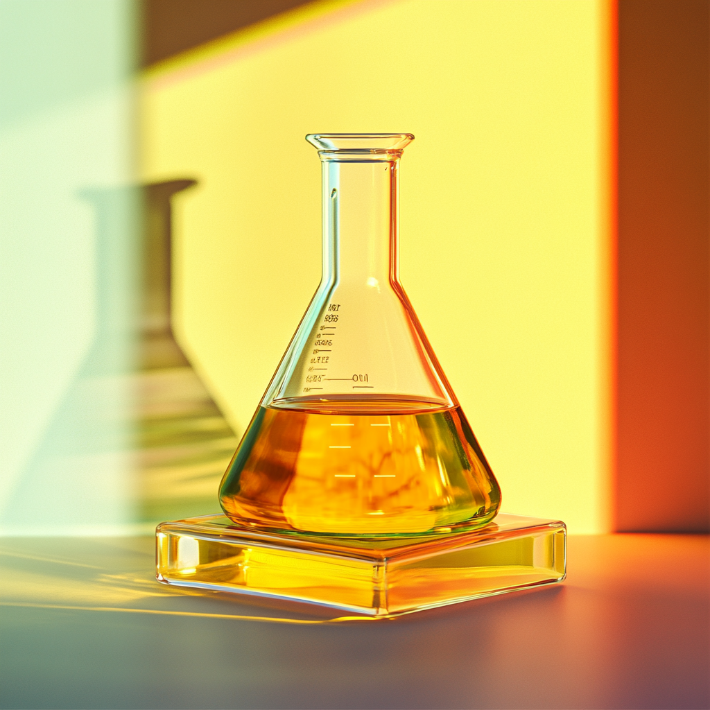 Square glass container with CBS oil, beaker, gradient background.