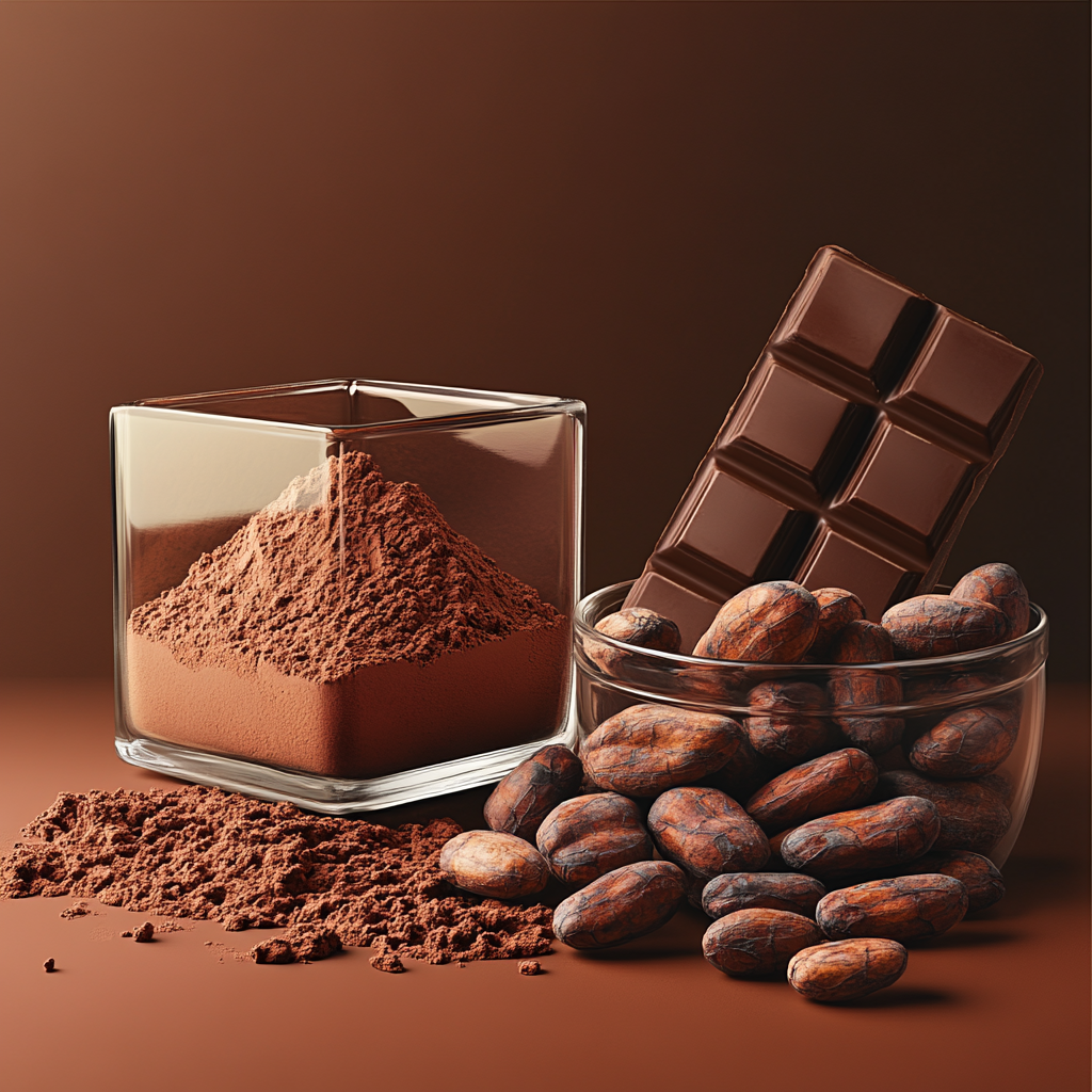 Square glass container with cocoa powder and cocoa beans.