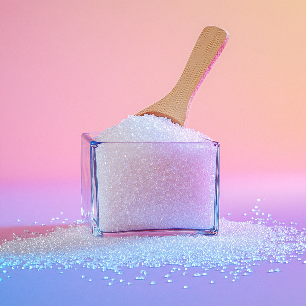 Square glass container with wooden scoop filled with sugar.