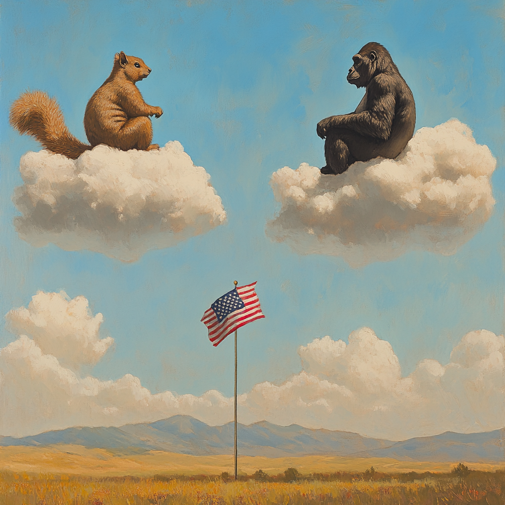 Squirrel and Gorilla meet on Clouds above Meadow.