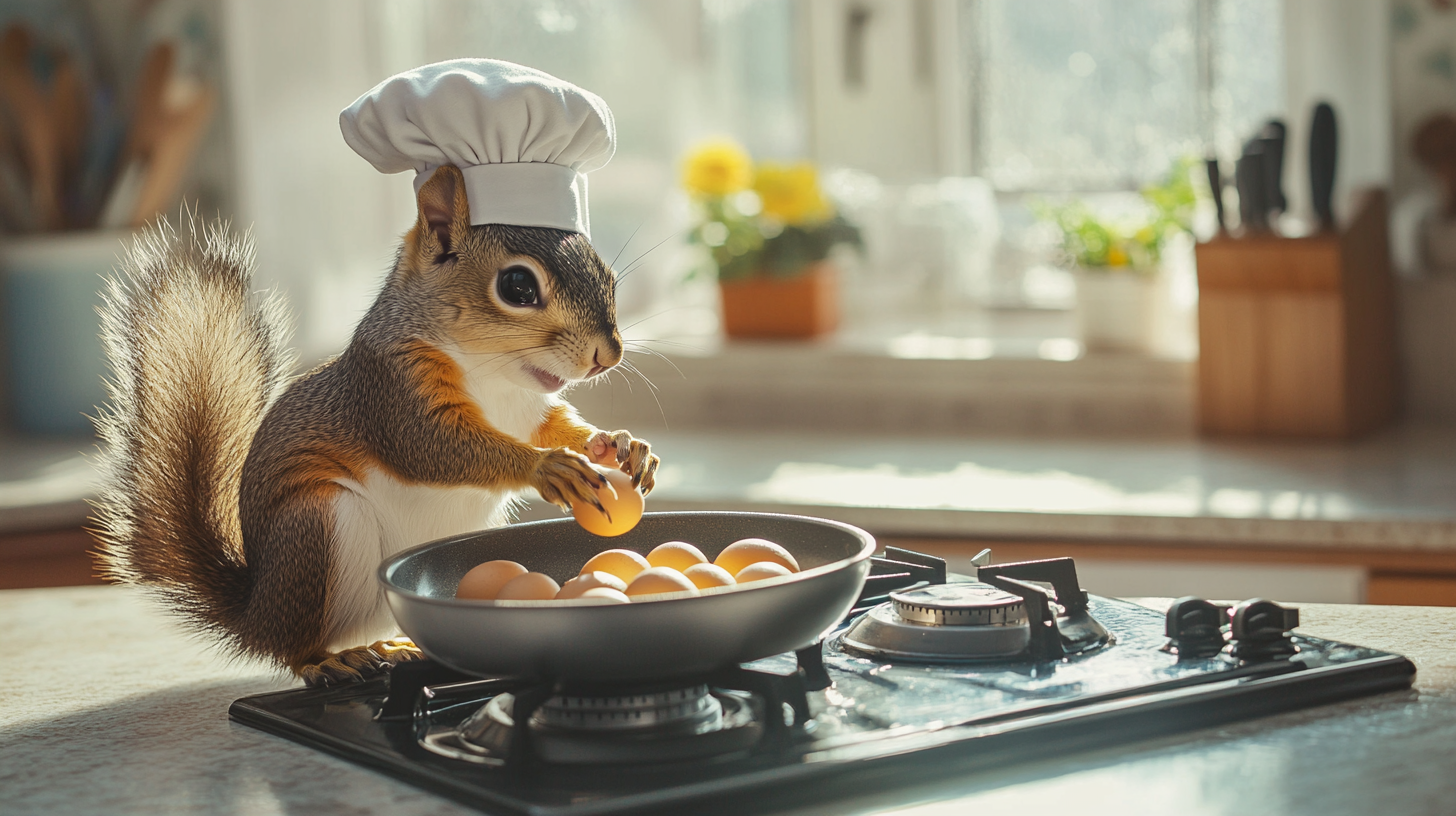 Squirrel chef on countertop making eggs in Pixar-style kitchen.