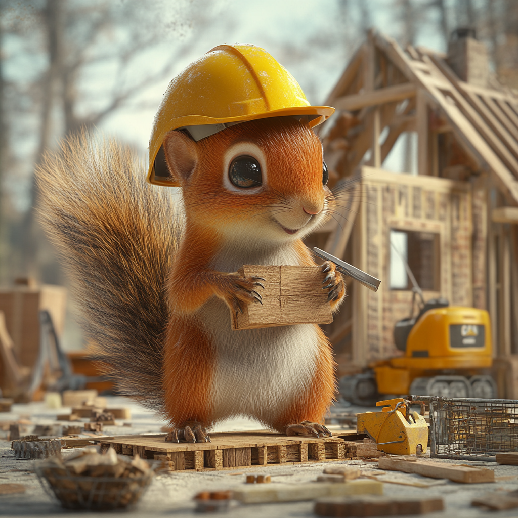 Squirrel engineer builds wooden cabin with tools and materials.