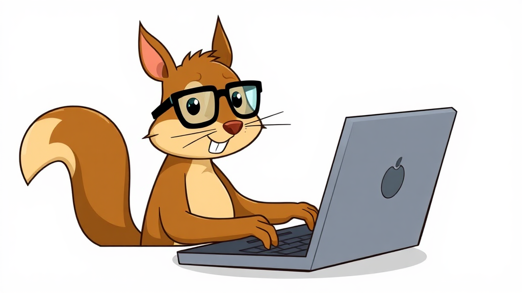 Squirrel with glasses typing on laptop for tips.