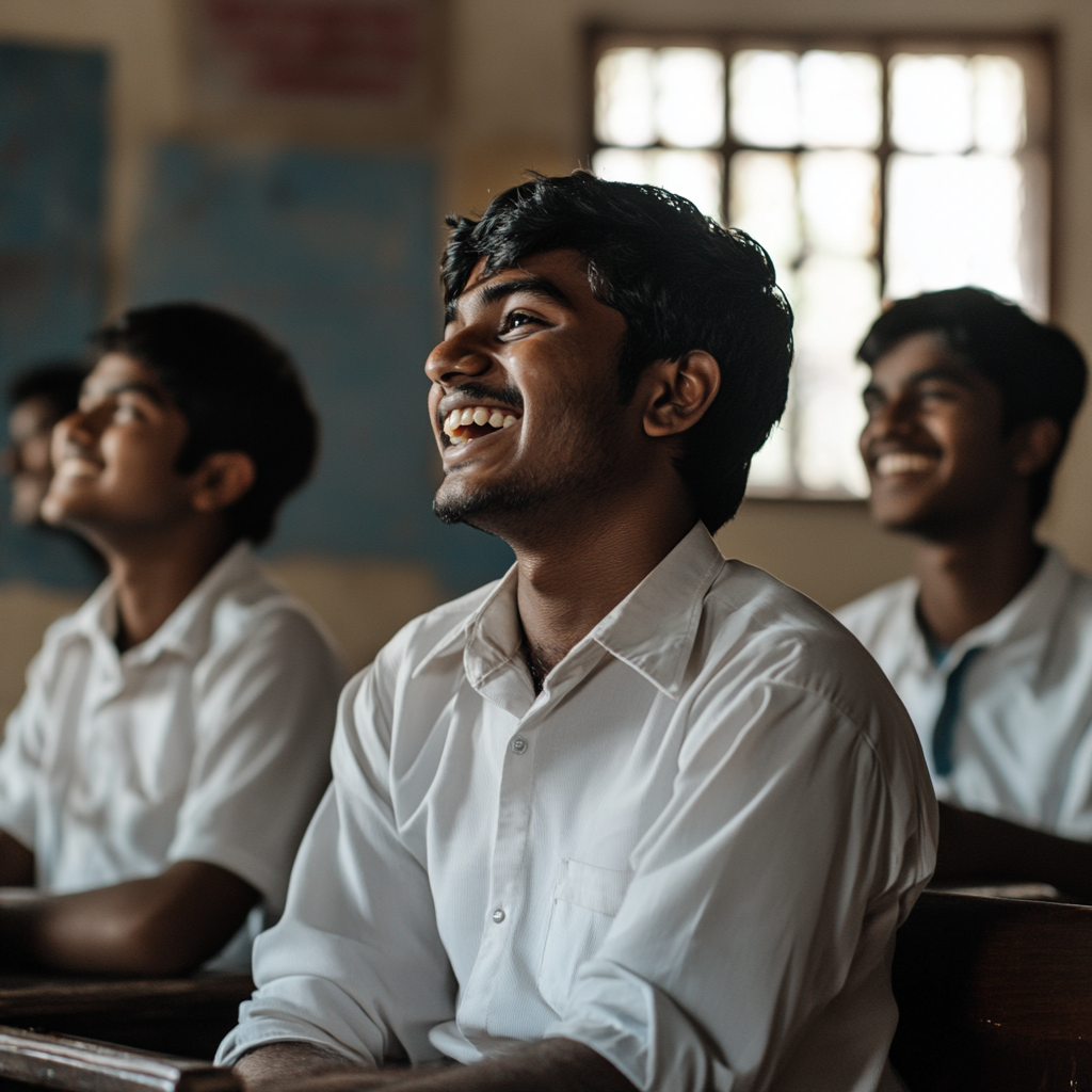 Sri Lankan students laughing in classroom, cinematic style.