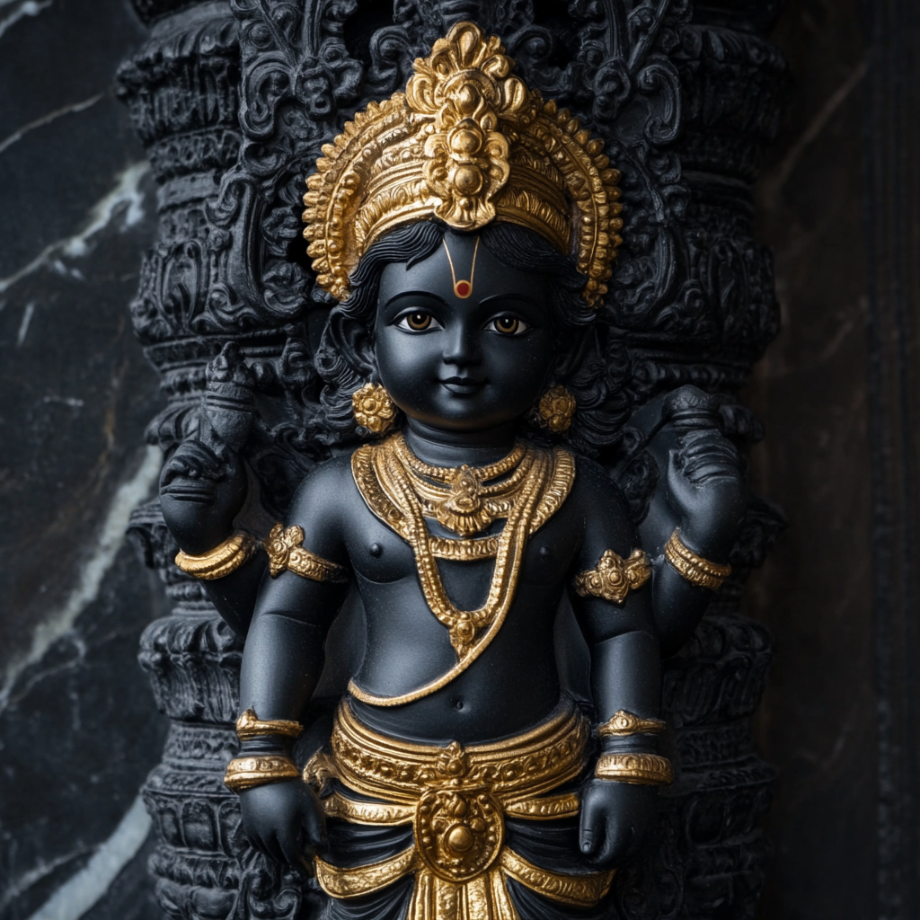 Sri Ram: Photorealistic Black Marble Sculpture with Golden Ornamentation.