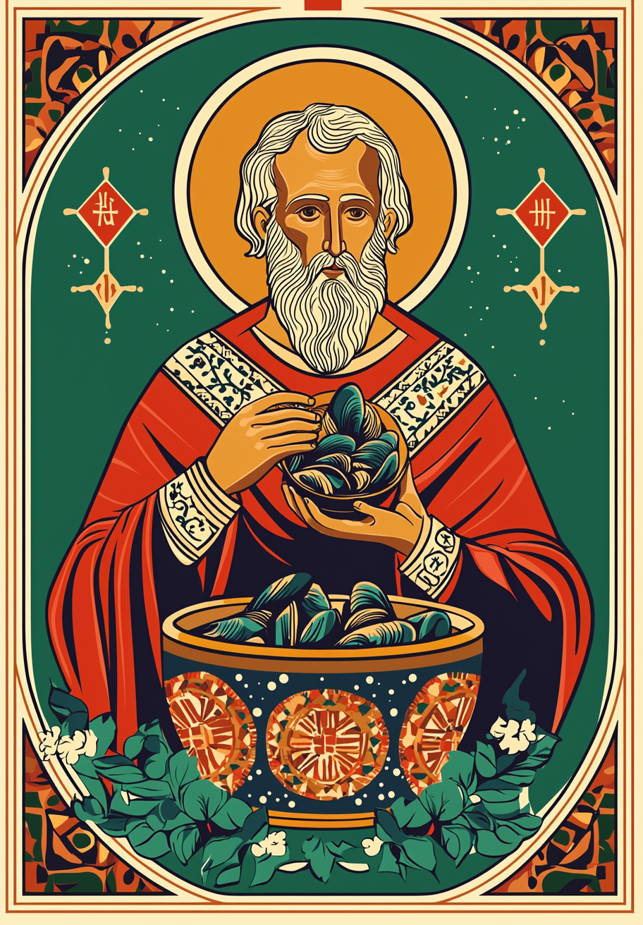 St Nicolas eats mussels in Slavic icon style