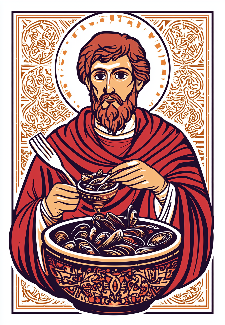 St. Nicolas Eating Mussels in Slavic Style