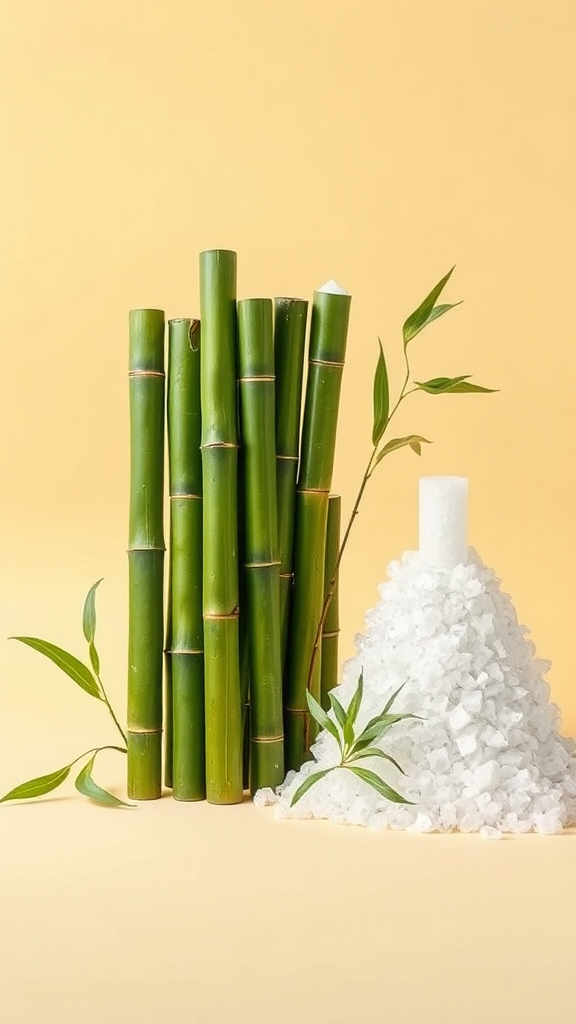 Stacked bamboo tubes, salt crystals on beige background