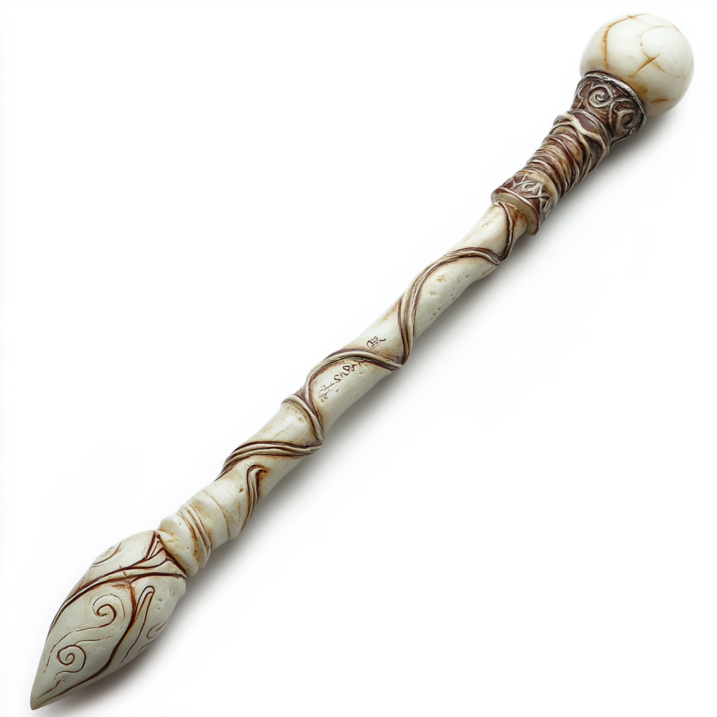 Staff made of bone with swirling maroon lines.