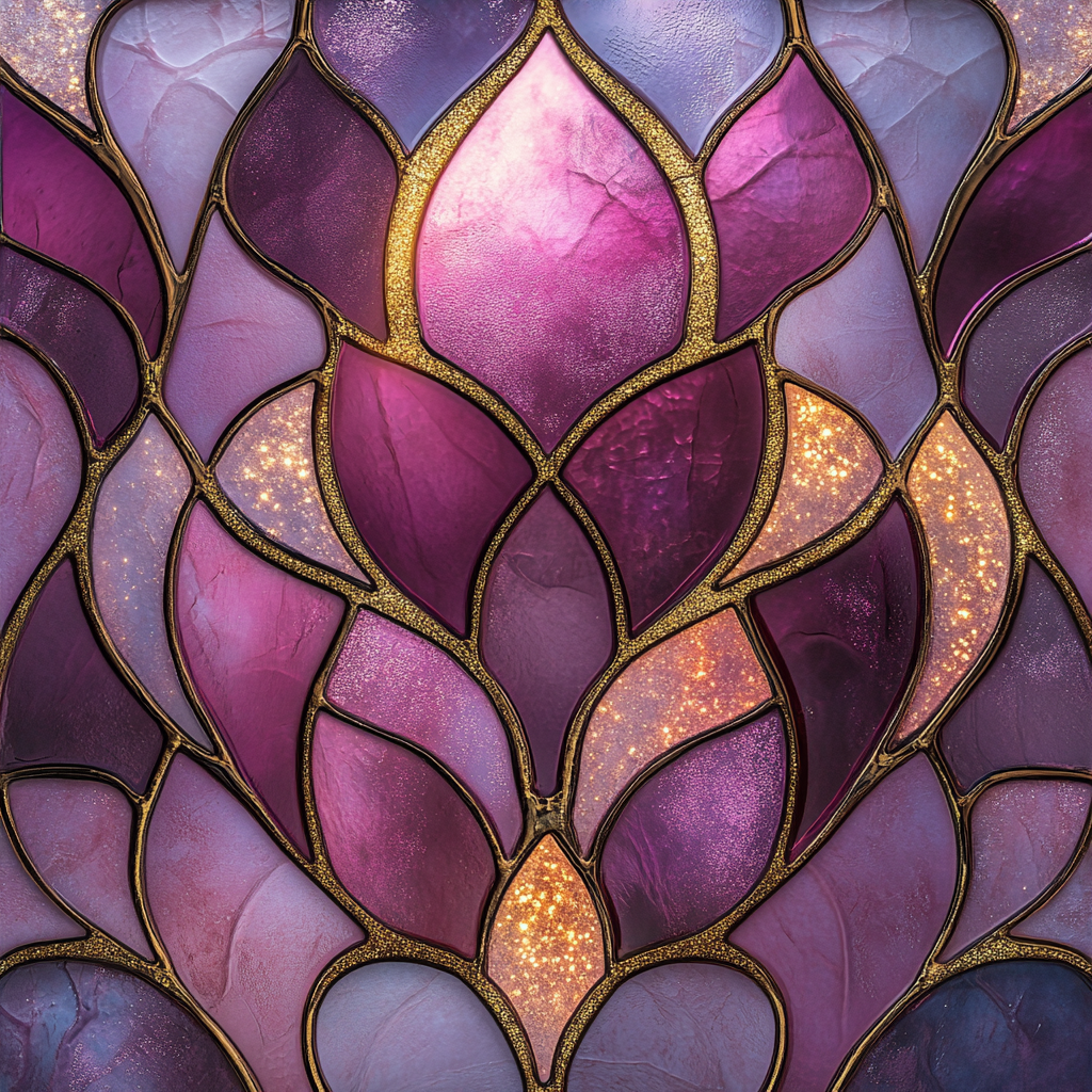 Stained glass design in pink and purple shades.