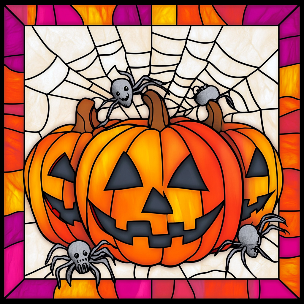 Stained glass image of jack-o-lanterns with grey spiders.