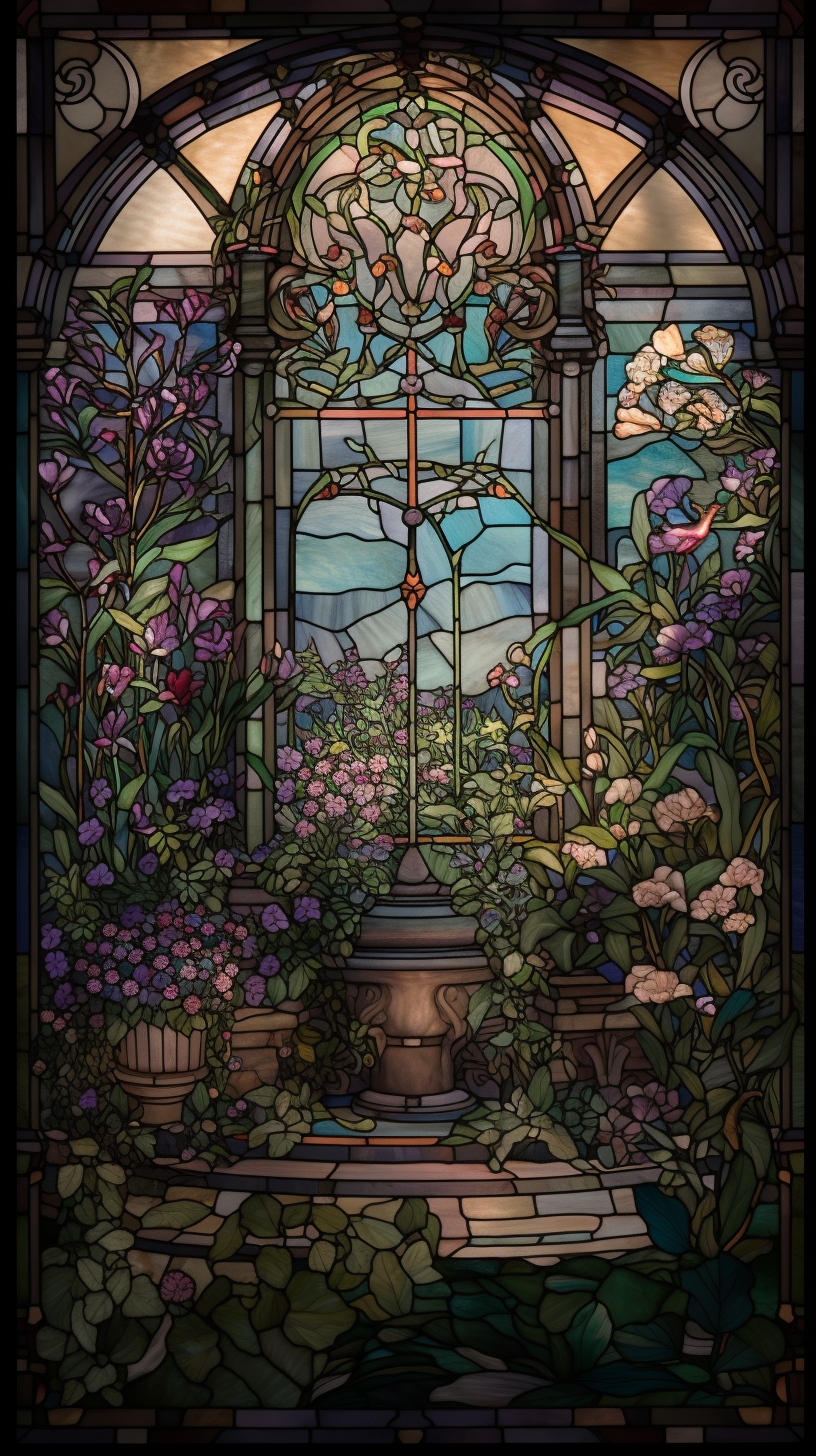 Stained glass medieval garden scene with flowers and fountain.