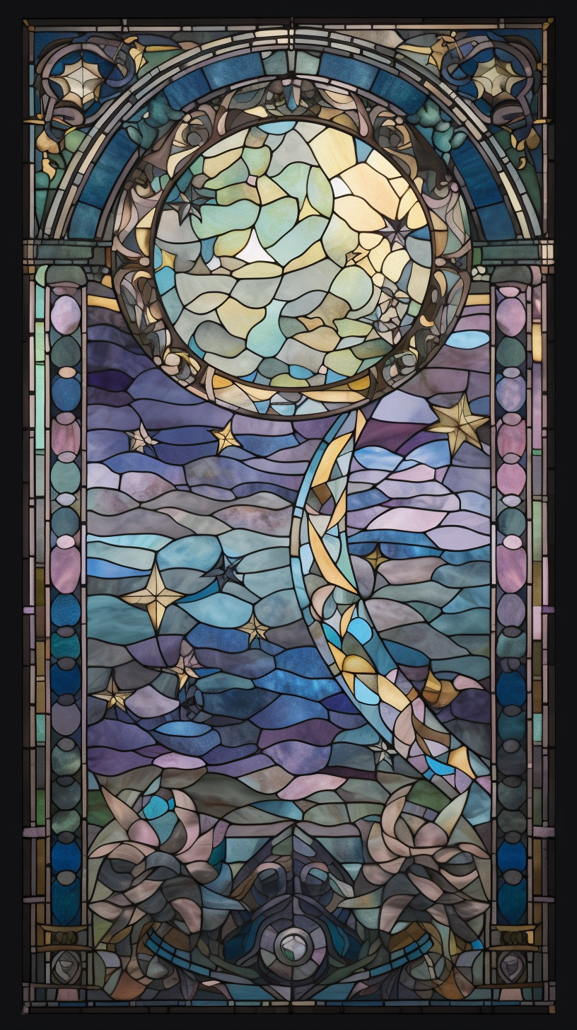 Stained glass moon and stars in pastel colors glow.