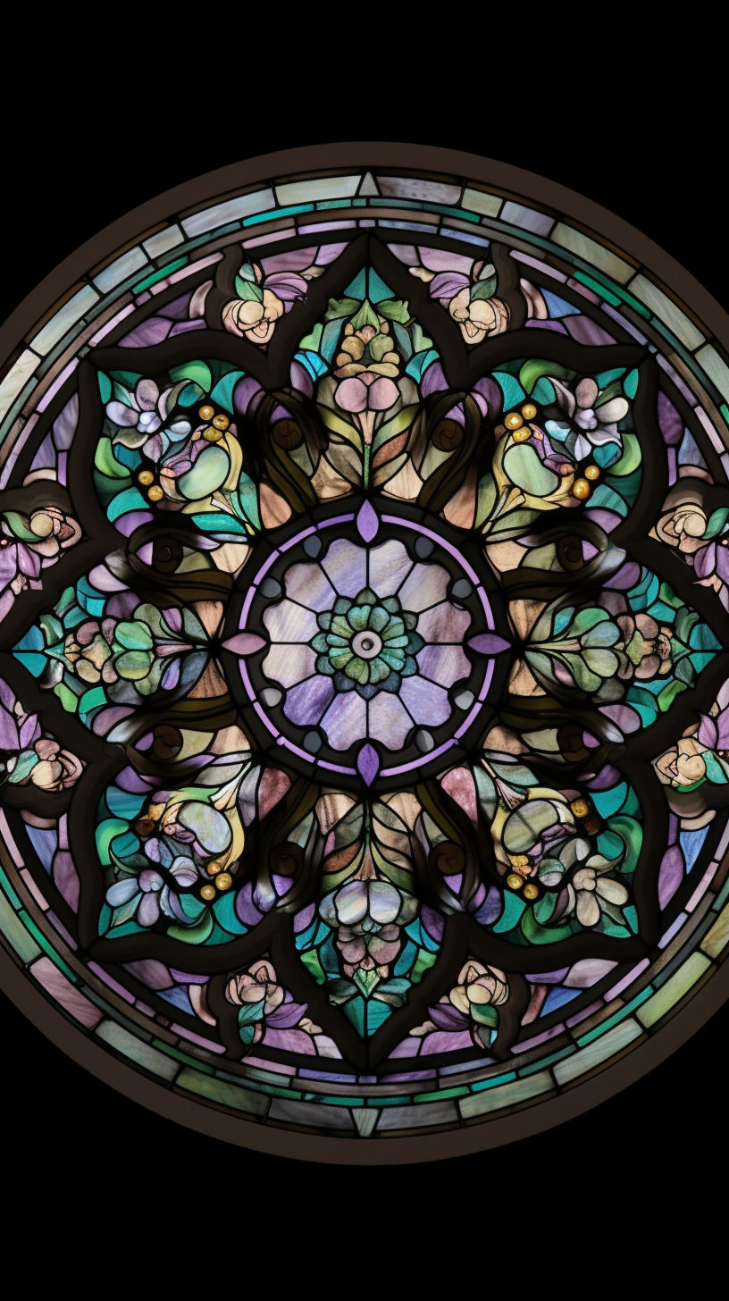 Stained glass rose window with intricate pastel design reflections.