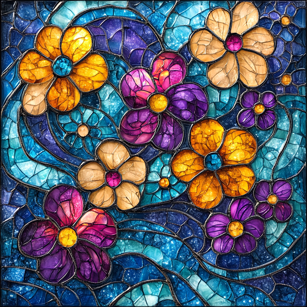 Stained glass style floral design with vibrant colors.