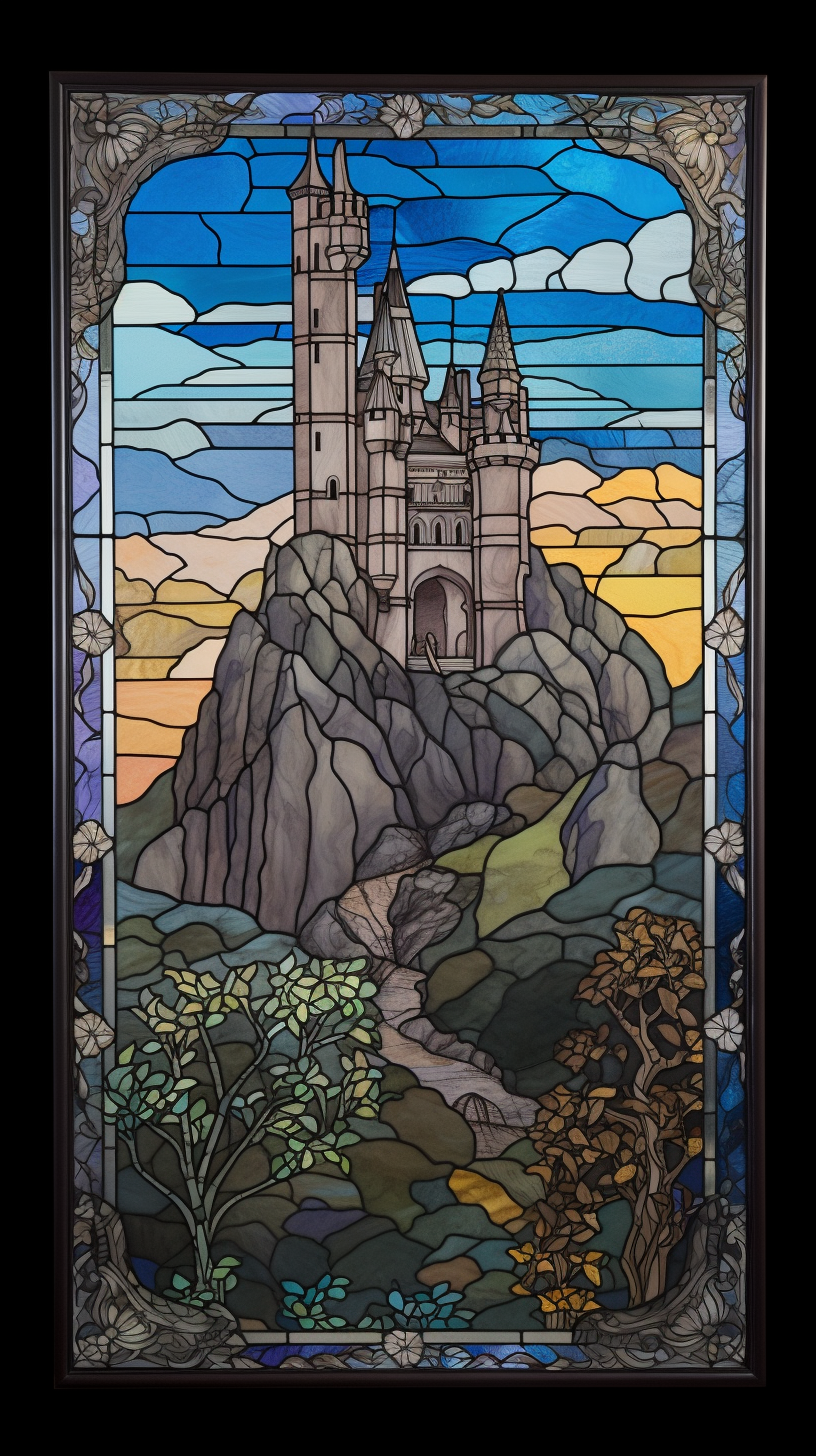 Stained glass window of medieval castle on hill.