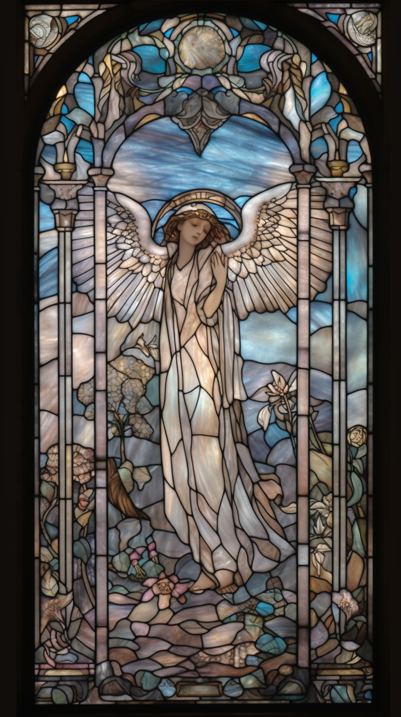 Stained glass window with angel and doves in pastel.