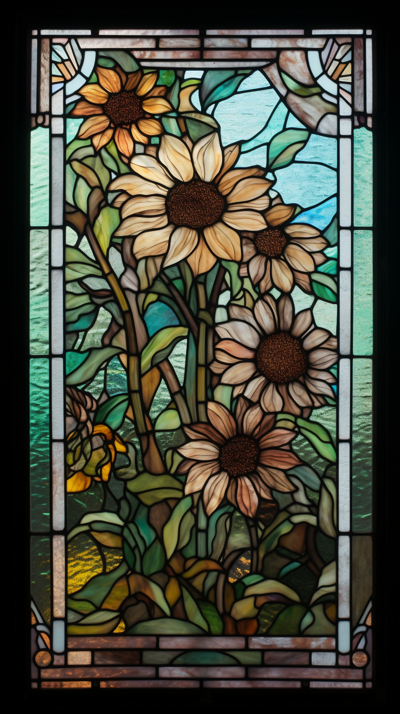 Stained glass window with sunflowers in soft pastel colors.